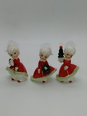Vintage Enesco? Trio of Ceramic Carolers in Red Dresses with Spaghetti Trim